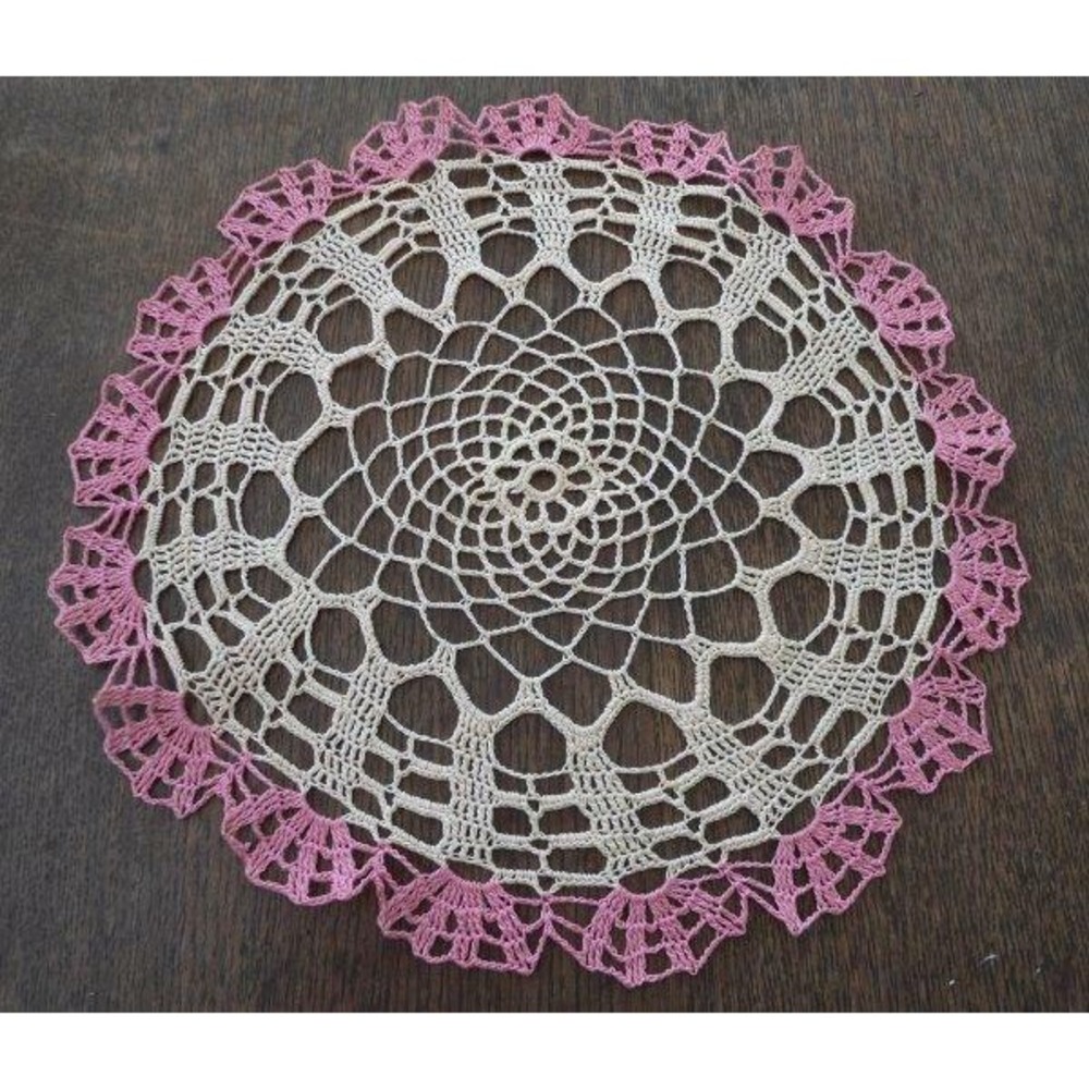 Vintage Set 2 Pink Crochet Lace Doilies Ecru Doily Pair 13"